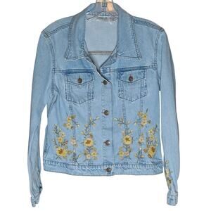Vintage 90’s Newport News Womens 10 Denim Jacket Yellow Embroidered Flowers‎